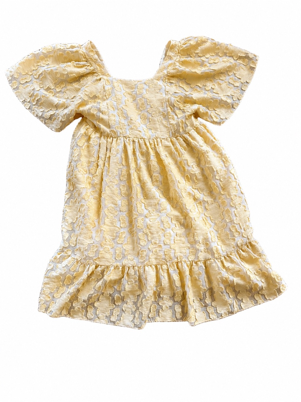Zara Yellow Floral Textured Puff Sleeve Dress